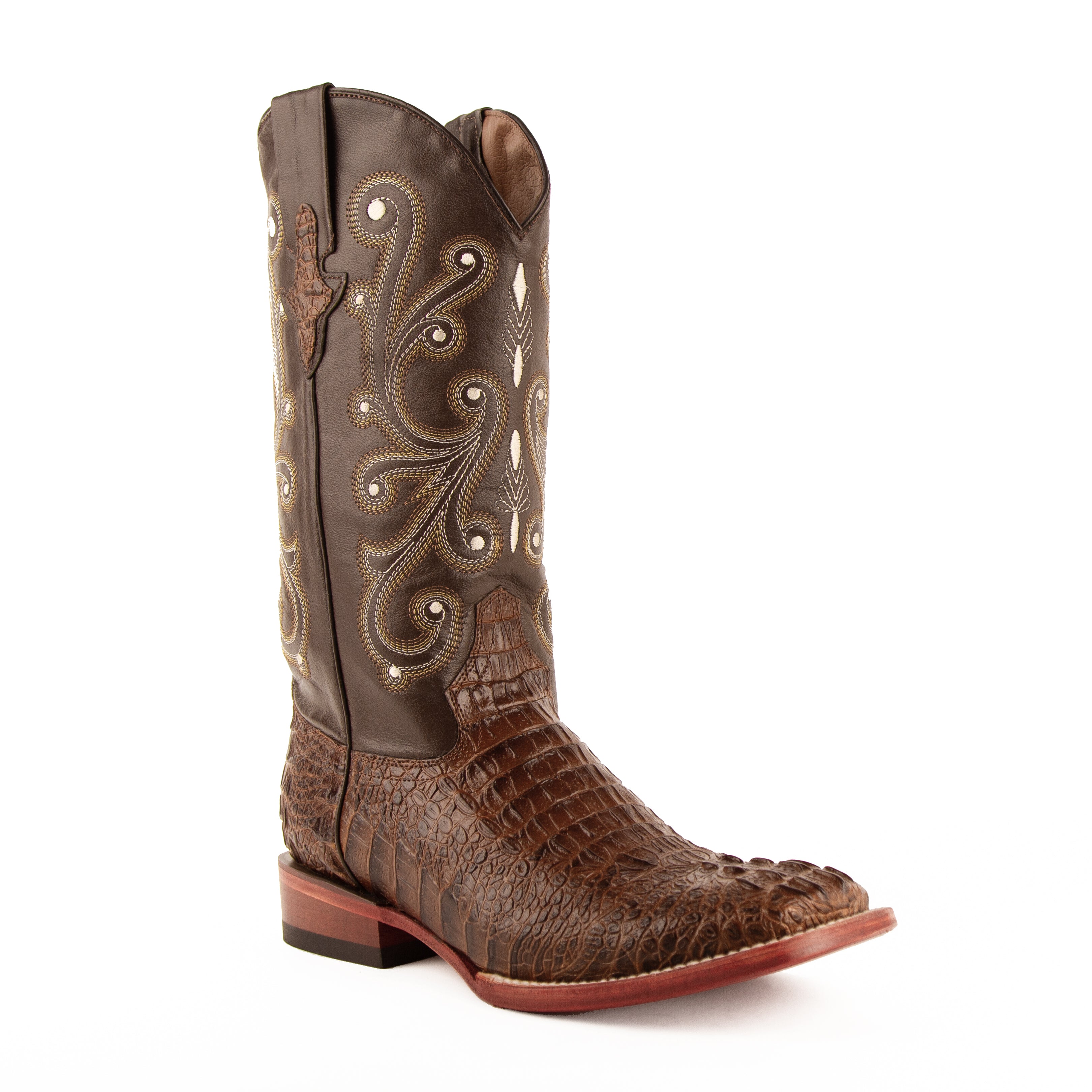Mens Brown Crocodile Belly Print Exotic Leather Boot. Traditional look perfect in the arena, business meetings or social settings. Truly a boot for any occasion.