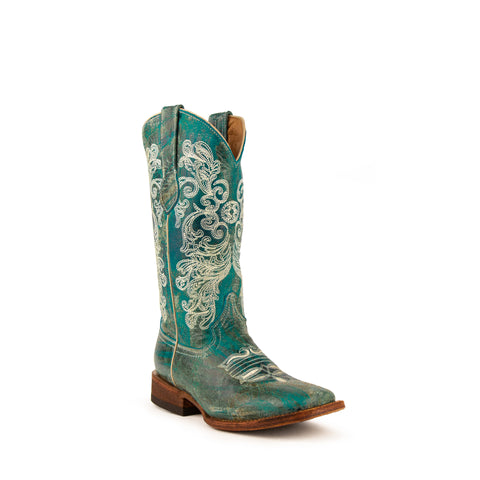 "Southern Charm" Ladies Turquoise Leather Square Toe Boots | Ferrini