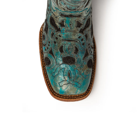 Horseshoe: Distressed Leather Turquoise Cowboy Boot - Ferrini USA